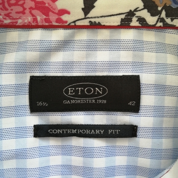 Eton Contemporary Fit Blue White Check Plaid Dress Shirt Floral Trim 16.5 34/35 - Picture 12 of 15